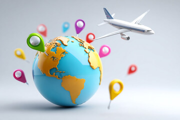 Airplane flying over globe with colorful location pins