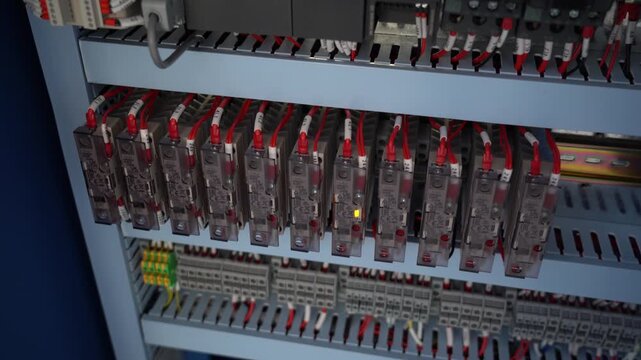 Industrial PLC I/O modules rack with Ethernet cables in control cabinet