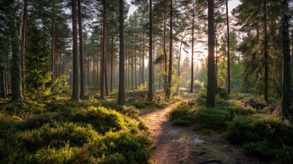 Obraz premium Sunlit Forest Trail: Scenic Woodland Path Through Majestic Trees, Evoking Peace and Natural Beauty