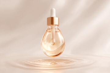 Elegant dropper bottle with golden liquid on soft beige background