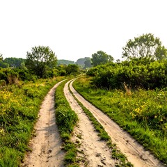 Obraz premium A dirt path winds through a vibrant green meadow towards distant trees under a bright, pale sky