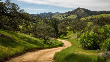 Obraz premium Scenic Country Road Through Green Hills and Mountains Under a Blue Sky Landscape