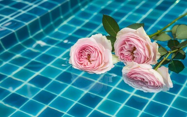 Pink roses floating on turquoise pool water with blue tiles