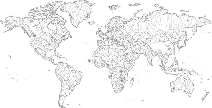 Detailed black and white world map illustration with topographical river features marked