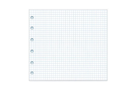 Graph paper sheet with blue grid lines and punch holes for notebook ring binder isolated on transparent background