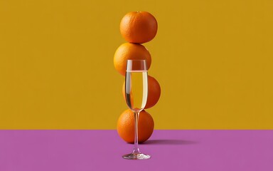 Elegant champagne glass with stacked oranges on purple and yellow background