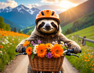 Faultier fährt Fahrrad in birgiger Landschaft