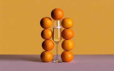 Oranges stacked around champagne glass on purple table