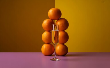 Oranges stacked with champagne glass on colorful table