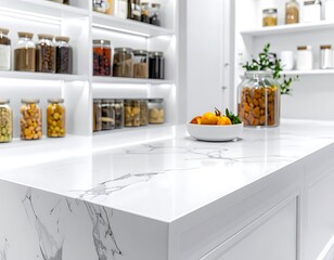 A white countertop with marble veins, set against shelves of glass jars filled with dried goods and some greenery
