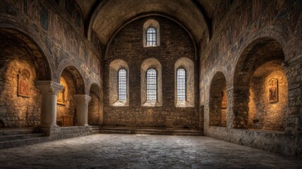 Obraz premium Medieval Hall Interior with Stone Arches and Vaulted Ceiling, Gothic Architecture for Historical or Fantasy Projects