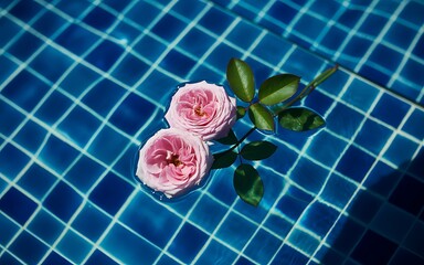 Pink roses floating in swimming pool with blue tiles