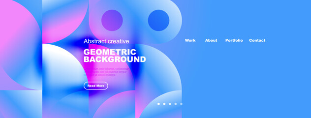 Naklejka premium Vibrant abstract design. Fluid shapes, blue, purple hues dominate. Website header with navigation options present. Modern aesthetic.