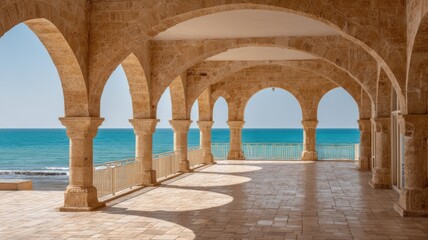 Naklejka premium Elegant Stone Arcade Overlooking the Mediterranean Sea with Stunning Ocean Views and Reflected Sunlight