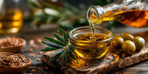 Golden olive oil poured from glass bottle into bowl, surrounded by green olives, flax seeds, and olive leaves. A warm, rustic scene of Mediterranean freshness.