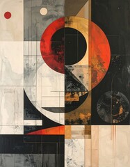 A mixed-media abstract artwork with geometric shapes