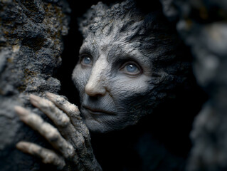 A textured humanoid with bark-like skin and human eyes peers through stone, evoking themes of mythology, nature, and transformation.