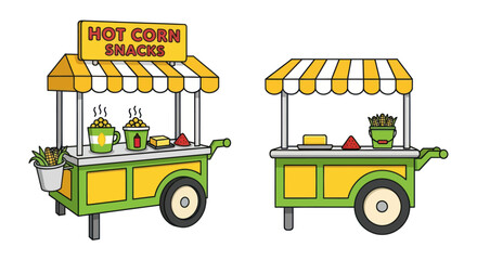 A set of two colorful illustrated street food vendor carts for selling hot corn snacks. © Berkah