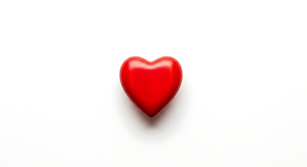 Fototapeta premium Single glossy red heart placed in the center of a clean white background, casting a soft shadow
