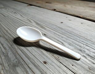 A white plastic spoon rests diagonally on weathered, gray wooden planks with sunlight creating shadows