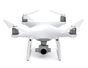 A white quadcopter drone with a camera is shown on a clean background