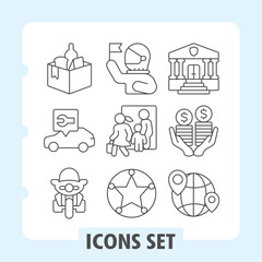 Fototapeta premium Set of nine thin line icons for digital interfaces covering finance, education, security, network and banking concepts in a clean design style.