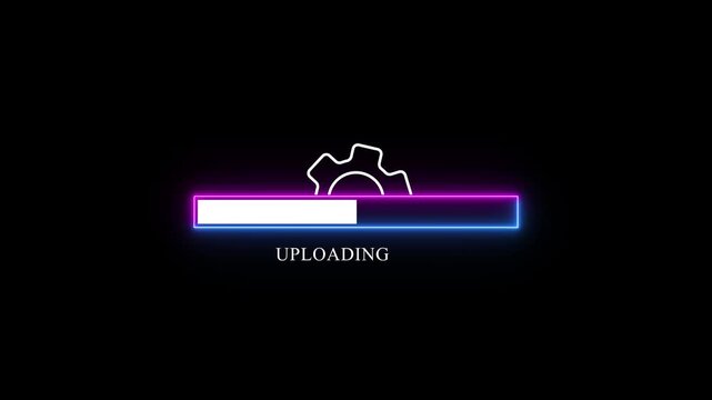 Uploading bar animation on black background. white color setting and update icon animate. neon rectangle box in loading bar animation concept