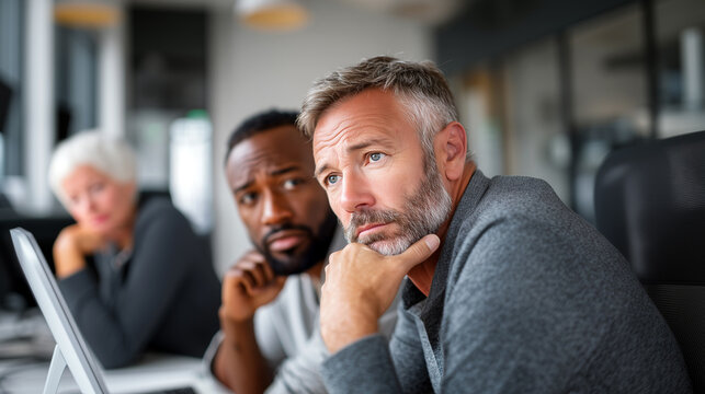 Business team looking worried during meeting. Concerned colleagues discussing workplace problems, layoffs, restructuring. Serious employees listening, contemplating difficult news concept.