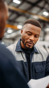 Worker looking down thoughtfully at warehouse, wearing uniform. Industrial employee concerned, contemplating workplace issues. Blue collar professional, factory environment, serious expression.