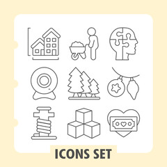 Fototapeta premium Set of nine thin line icons for digital interfaces, including house, family, location, holiday, gift and love themes, ideal for web and mobile design projects.