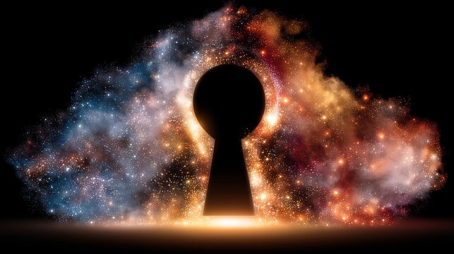 Keyhole shape revealing starfield and colorful nebula. Concept of mystery, discovery, new opportunity, and unlocking hidden potential.