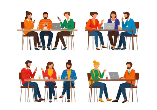 Illustration of diverse people sitting at desks with laptops and tablets in a collaborative workspace setting