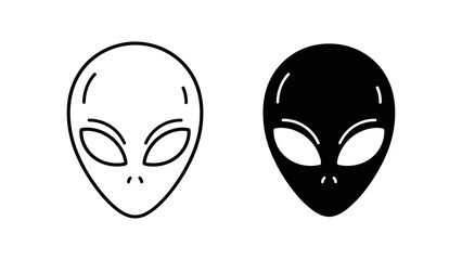 A minimalist vector graphic illustration of two alien heads in black and white