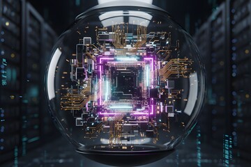 Advanced Quantum Computer Processor Core with Glowing Circuitry