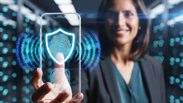Abstract cybersecurity video showing a floating holographic smartphone with encrypted data streams, fingerprint scan animation, and digital shield protection. Minimalist futuristic UI, anonymous techn