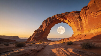 Red rock desert arch at sunset with full moon framed in opening cinematic landscape
