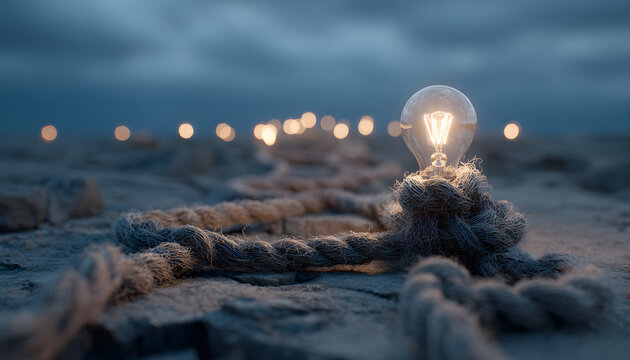 Tangled messy line ball represents complex problem challenge. Winding path connects to shining light bulb. Visualizes process of discovery, creative thinking, problem solving, finding simple solution