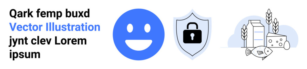 Fototapeta premium Digital safety, online identity, healthy eating, personal security, food industry, positive emotions. happy face icon, shield lock symbol food items thumbs up cheese and fish. Digital safety
