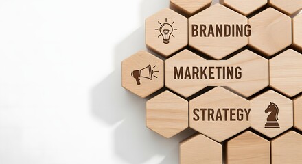 Business marketing strategy & branding concepts on wooden hexagon blocks
