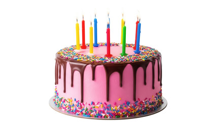 Colorful birthday cake with candles isolated PNG, pink frosting and chocolate drip for celebration and party designs © ELISA