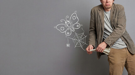 Distressed Man Shows His Empty Pockets Against a Grey Wall, a Chalk Butterfly and Spider Web Illustrating Financial Ruin