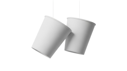 Two white paper cups PNG isolated on transparent background, disposable drink containers for coffee or tea to go mockup