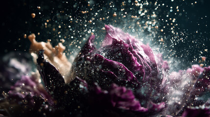 Levitating glossy cabbage hovering above a mirror-like wet surface, slow dripping droplets