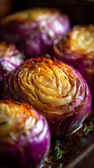close-up of roasted cabbage with golden edges, steam, glossy glaze