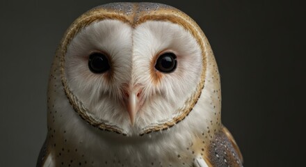 Close-up of a barn owl, facing forward, with heart-shaped face and dark, inquisitive eyes