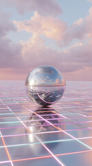 floating chrome sphere over neon grid, pastel pink-blue sky, glass reflections, sleek futuristic 3D aesthetic
