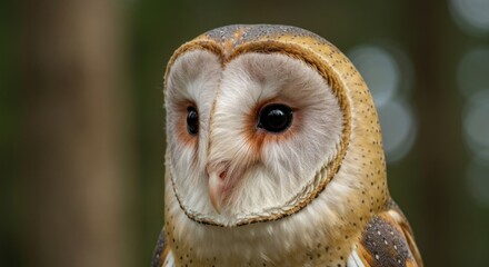 Close-up of a barn owl, featuring its heart-shaped face and dark eyes, against a blurred background