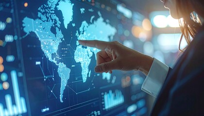 Businesswoman Analyzing Global Data on Digital Screen.