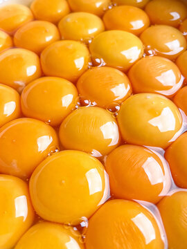 Raw egg yolks macro close up glossy yellow food texture background

