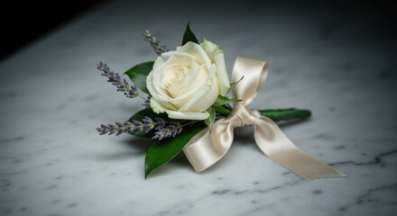 Close-up of a cream rose boutonniere with lavender and a silk ribbon on a marble surface